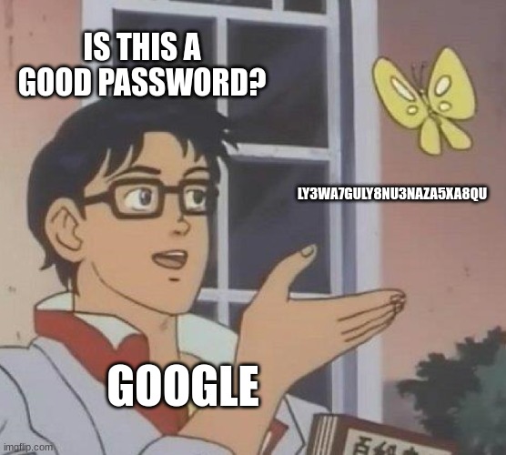 Is This A Pigeon Meme | IS THIS A GOOD PASSWORD? LY3WA7GULY8NU3NAZA5XA8QU; GOOGLE | image tagged in memes,is this a pigeon | made w/ Imgflip meme maker