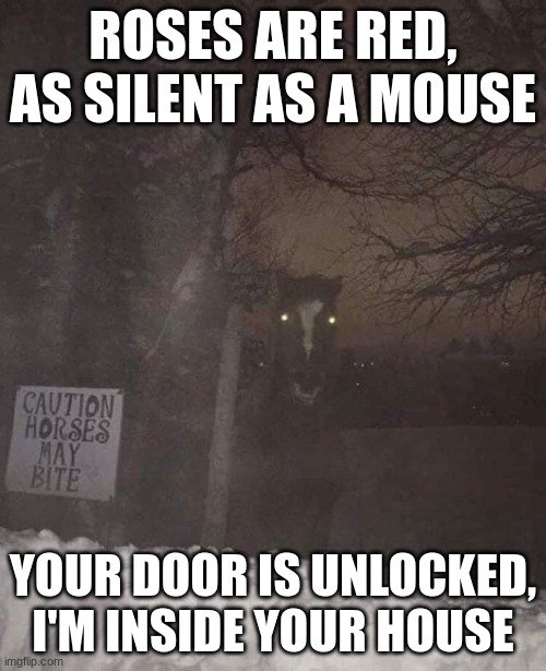 ? | ROSES ARE RED, AS SILENT AS A MOUSE; YOUR DOOR IS UNLOCKED, I'M INSIDE YOUR HOUSE | image tagged in life sucks | made w/ Imgflip meme maker