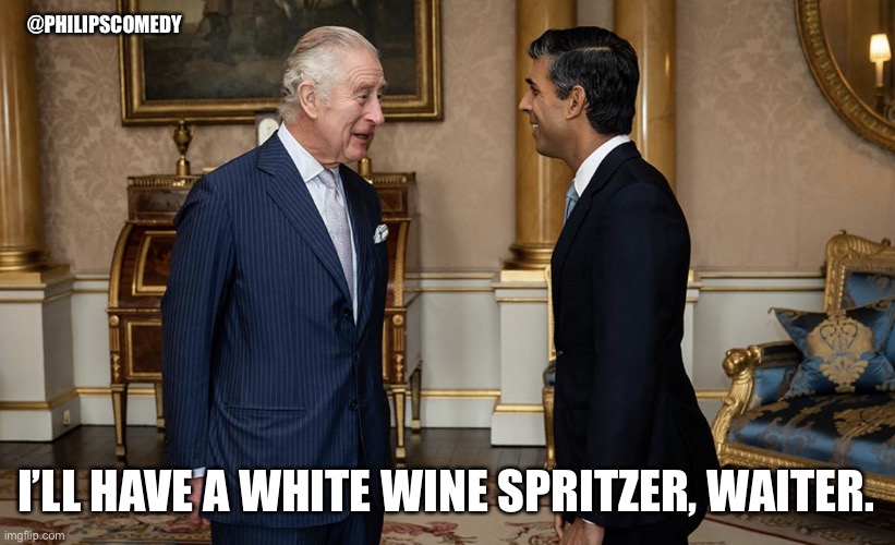 White wine spritzer please | @PHILIPSCOMEDY; I’LL HAVE A WHITE WINE SPRITZER, WAITER. | image tagged in king meets pm | made w/ Imgflip meme maker