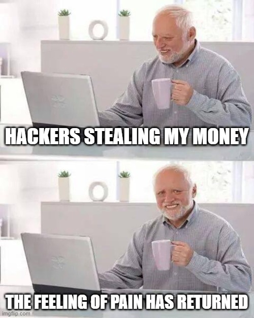 Money | HACKERS STEALING MY MONEY; THE FEELING OF PAIN HAS RETURNED | image tagged in memes,hide the pain harold | made w/ Imgflip meme maker