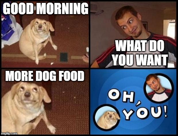 Oh You | GOOD MORNING; WHAT DO YOU WANT; MORE DOG FOOD | image tagged in oh you | made w/ Imgflip meme maker