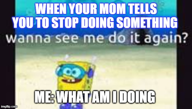 mom yelling at me for doing something | WHEN YOUR MOM TELLS YOU TO STOP DOING SOMETHING; ME: WHAT AM I DOING | image tagged in mom yelling at me for doing something | made w/ Imgflip meme maker