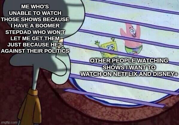Squidward window | ME WHO'S UNABLE TO WATCH THOSE SHOWS BECAUSE I HAVE A BOOMER STEPDAD WHO WON'T LET ME GET THEM JUST BECAUSE HE'S AGAINST THEIR POLITICS; OTHER PEOPLE WATCHING SHOWS I WANT TO WATCH ON NETFLIX AND DISNEY+ | image tagged in squidward window | made w/ Imgflip meme maker