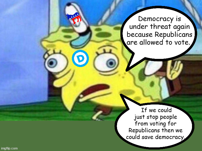 Yes, there are actually Democrats who are essentially saying democracy is when everyone votes Democrat. | Democracy is under threat again because Republicans are allowed to vote. If we could just stop people from voting for Republicans then we could save democracy. | image tagged in spongebob stupid,democrat stupidity | made w/ Imgflip meme maker