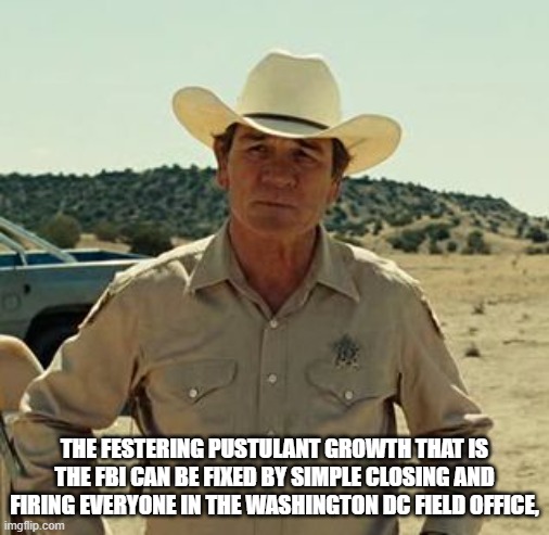 Tommy Lee Jones, No Country.. | THE FESTERING PUSTULANT GROWTH THAT IS THE FBI CAN BE FIXED BY SIMPLE CLOSING AND FIRING EVERYONE IN THE WASHINGTON DC FIELD OFFICE, | image tagged in tommy lee jones no country | made w/ Imgflip meme maker