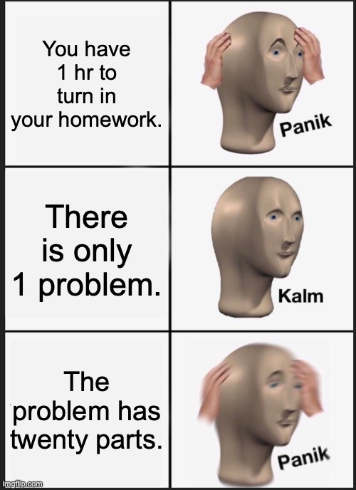Don't Wait Until Last Minute to do Homework | You have 1 hr to turn in your homework. There is only 1 problem. The problem has twenty parts. | image tagged in memes,panik kalm panik | made w/ Imgflip meme maker