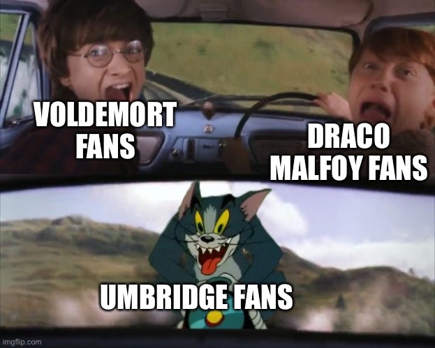 Tom chasing Harry and Ron Weasly | VOLDEMORT FANS; DRACO MALFOY FANS; UMBRIDGE FANS | image tagged in tom chasing harry and ron weasly | made w/ Imgflip meme maker