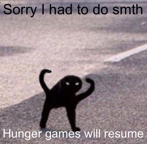 Cursed cat temp | Sorry I had to do smth; Hunger games will resume | image tagged in cursed cat temp | made w/ Imgflip meme maker