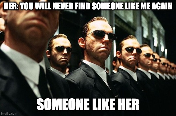 HER: YOU WILL NEVER FIND SOMEONE LIKE ME AGAIN; SOMEONE LIKE HER | image tagged in matrix | made w/ Imgflip meme maker