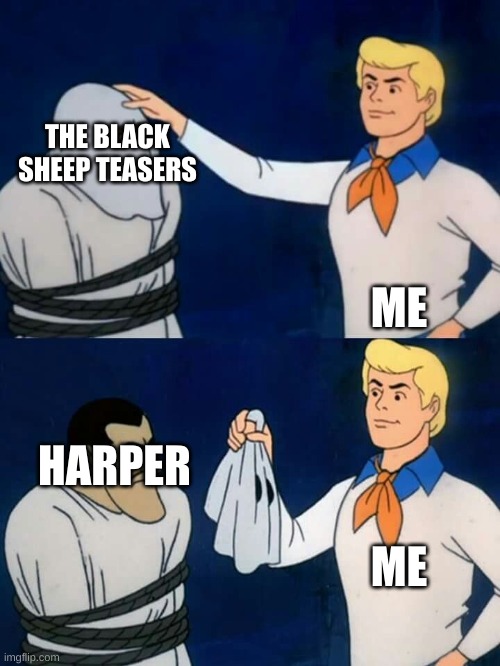 if you have seen my twitter account, you might know what i'm saying | THE BLACK SHEEP TEASERS; ME; HARPER; ME | image tagged in scooby doo mask reveal | made w/ Imgflip meme maker