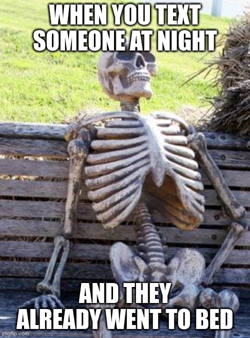 oh | WHEN YOU TEXT SOMEONE AT NIGHT; AND THEY ALREADY WENT TO BED | image tagged in memes,waiting skeleton | made w/ Imgflip meme maker