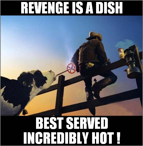 It's Branding Time ! | REVENGE IS A DISH; BEST SERVED INCREDIBLY HOT ! | image tagged in cow,cowboy,branding,dark humour | made w/ Imgflip meme maker