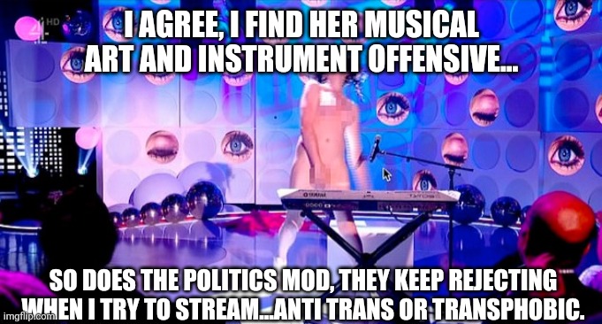 I AGREE, I FIND HER MUSICAL ART AND INSTRUMENT OFFENSIVE... SO DOES THE POLITICS MOD, THEY KEEP REJECTING WHEN I TRY TO STREAM...ANTI TRANS  | made w/ Imgflip meme maker