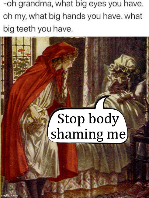 Stop body shaming me | image tagged in little red riding hood,political meme | made w/ Imgflip meme maker
