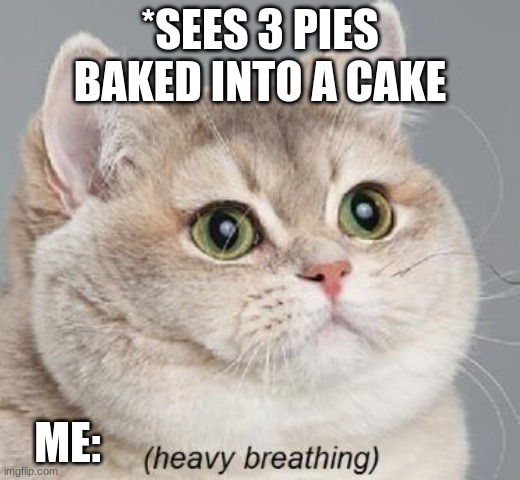 Heavy Breathing Cat | *SEES 3 PIES BAKED INTO A CAKE; ME: | image tagged in memes,heavy breathing cat | made w/ Imgflip meme maker