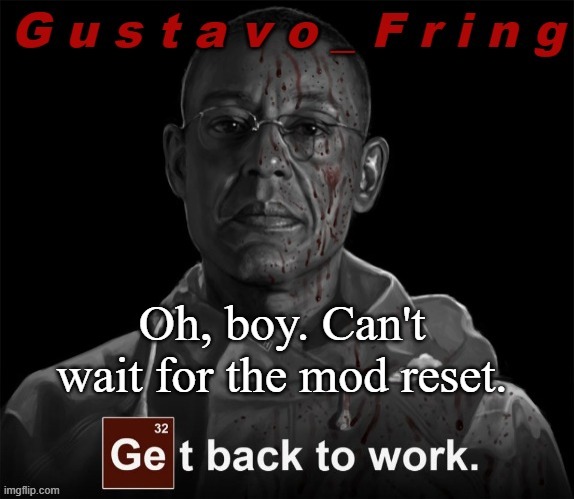 /hj | Oh, boy. Can't wait for the mod reset. | image tagged in gustavo fring template | made w/ Imgflip meme maker