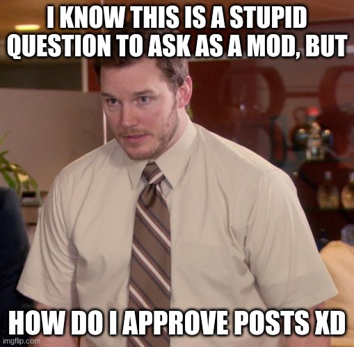 I'm new to being a moderator ;-; | I KNOW THIS IS A STUPID QUESTION TO ASK AS A MOD, BUT; HOW DO I APPROVE POSTS XD | image tagged in memes,afraid to ask andy | made w/ Imgflip meme maker