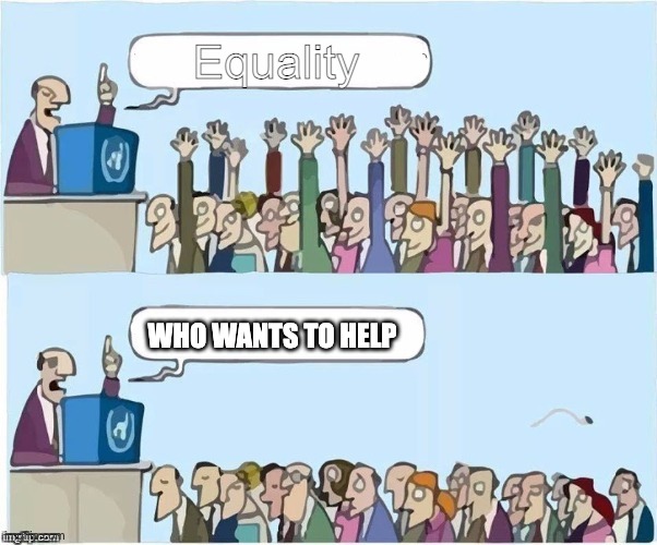 BRUH | Equality; WHO WANTS TO HELP | image tagged in who wants to x,equality,wtf,help me,chaos | made w/ Imgflip meme maker