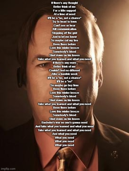 Better Call Saul Theme Lyrics | If there's any thought
Better think of me
For a little support
At a time of need
It'll be a "no, not a chance"

Try to head to town
Can't see or hear
Kill communication
Stepping off the grid
Just to let me know
So maybe cut my ties

Been there before
Love this winter breeze
Somebody's blood
Shot down on his knees
Take what you learned and what you need

If there's any more
Better think of me
Couldn't feel no different
After a horrible week
It'll be a "no, not a chance"
It'll be a "no"
So maybe go buy time

Been there before
Love this winter breeze
Somebody's blood
Shot down on his knees
Take what you learned and what you need

Been there before
Love this winter breeze
Somebody's blood
Shot down on his knees
Bachelor's war no one's gonna need
Just take what you learned and what you need

Take what you learned and what you need
And what you need
What you need
What you need
What you need | image tagged in saul goodman | made w/ Imgflip meme maker