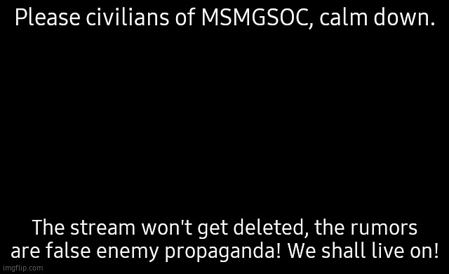 figure stare | Please civilians of MSMGSOC, calm down. The stream won't get deleted, the rumors are false enemy propaganda! We shall live on! | image tagged in figure stare | made w/ Imgflip meme maker