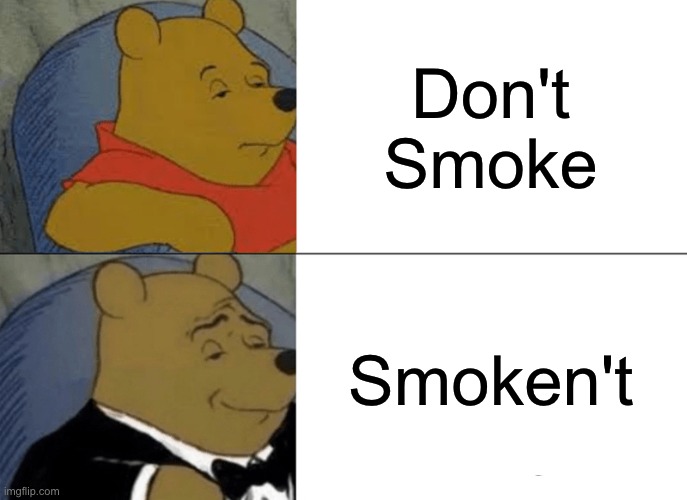 Remember kids, smoken't! | Don't Smoke; Smoken't | image tagged in memes,tuxedo winnie the pooh,funny,smoke | made w/ Imgflip meme maker