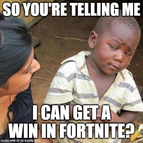 Third World Skeptical Kid Meme | SO YOU'RE TELLING ME; I CAN GET A WIN IN FORTNITE? | image tagged in memes,third world skeptical kid | made w/ Imgflip meme maker