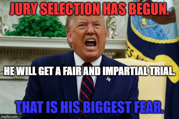 Juries tend to cut through the baloney and get to the truth. | JURY SELECTION HAS BEGUN. HE WILL GET A FAIR AND IMPARTIAL TRIAL. THAT IS HIS BIGGEST FEAR. | image tagged in politics | made w/ Imgflip meme maker