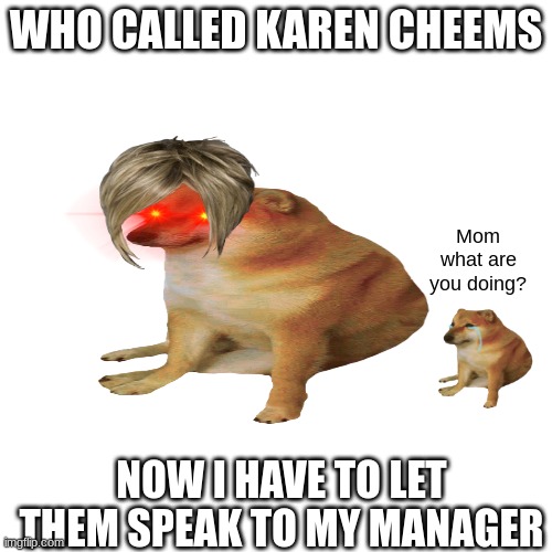 id rather get fired | WHO CALLED KAREN CHEEMS; Mom what are you doing? NOW I HAVE TO LET THEM SPEAK TO MY MANAGER | image tagged in memes,blank transparent square | made w/ Imgflip meme maker
