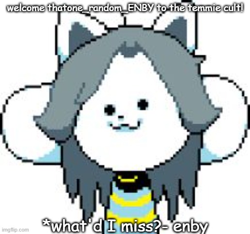 *I'm new here- | welcome thatone_random_ENBY to the temmie cult! *what'd I miss?- enby | image tagged in temmie | made w/ Imgflip meme maker