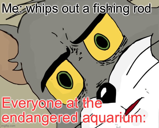Some fishing won’t hurt anyone |  Me: whips out a fishing rod; Everyone at the endangered aquarium: | image tagged in memes,unsettled tom,fishing | made w/ Imgflip meme maker