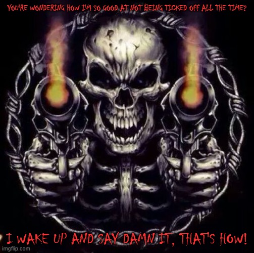 Skeleton with guns | YOU'RE WONDERING HOW I'M SO GOOD AT NOT BEING TICKED OFF ALL THE TIME? I WAKE UP AND SAY DAMN IT, THAT'S HOW! | image tagged in skeleton with guns | made w/ Imgflip meme maker
