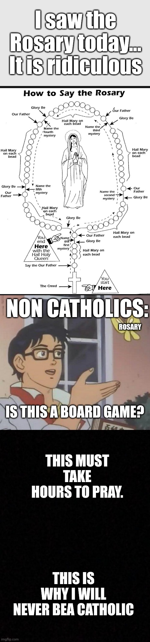 Meme #168 |  I saw the Rosary today... It is ridiculous; NON CATHOLICS:; ROSARY; IS THIS A BOARD GAME? THIS MUST TAKE HOURS TO PRAY. THIS IS WHY I WILL NEVER BEA CATHOLIC | image tagged in memes,is this a pigeon,blank,catholic,catholicism,funny | made w/ Imgflip meme maker
