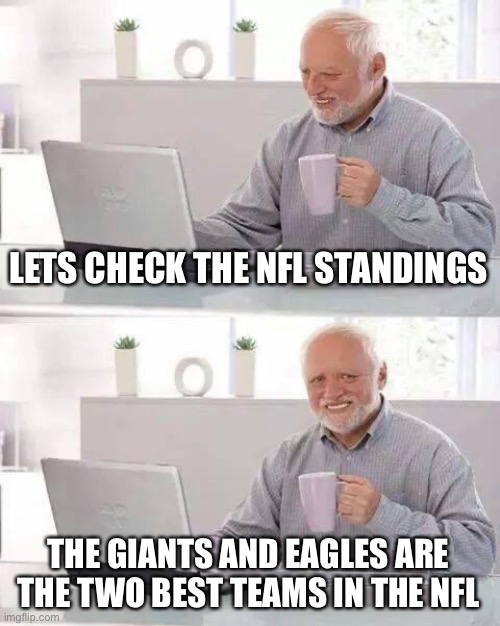And the NFC East is the best division. This is the endgame. | LETS CHECK THE NFL STANDINGS; THE GIANTS AND EAGLES ARE THE TWO BEST TEAMS IN THE NFL | image tagged in memes,hide the pain harold,harold,giants,eagles,nfceast | made w/ Imgflip meme maker