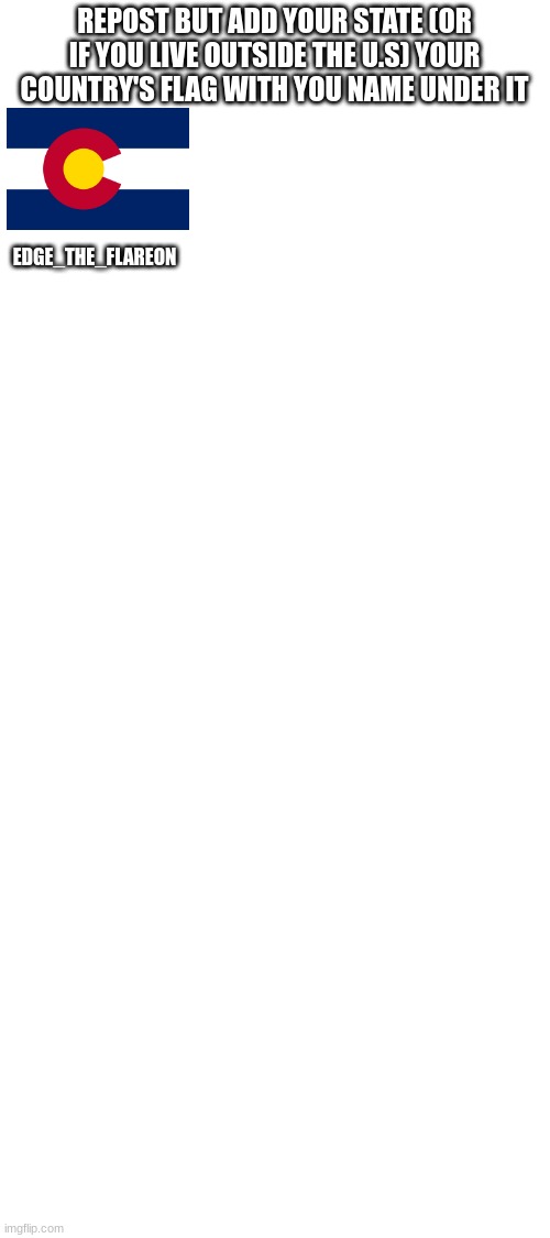 Blank White Template | REPOST BUT ADD YOUR STATE (OR IF YOU LIVE OUTSIDE THE U.S) YOUR COUNTRY'S FLAG WITH YOU NAME UNDER IT; EDGE_THE_FLAREON | image tagged in blank white template | made w/ Imgflip meme maker