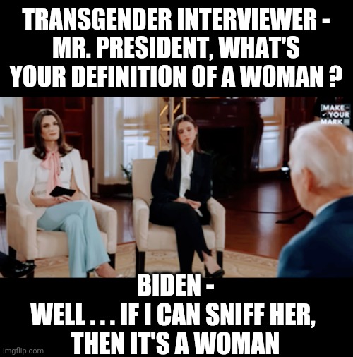 Sniff It, First... | TRANSGENDER INTERVIEWER -
MR. PRESIDENT, WHAT'S YOUR DEFINITION OF A WOMAN ? BIDEN -
WELL . . . IF I CAN SNIFF HER, 
THEN IT'S A WOMAN | image tagged in biden,transgender,democrats,liberals,leftists,woke | made w/ Imgflip meme maker