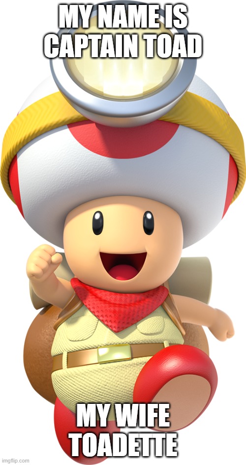 Captain toad | MY NAME IS CAPTAIN TOAD; MY WIFE TOADETTE | image tagged in captain toad | made w/ Imgflip meme maker