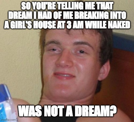 consequences of drugs | SO YOU'RE TELLING ME THAT DREAM I HAD OF ME BREAKING INTO A GIRL'S HOUSE AT 3 AM WHILE NAKED; WAS NOT A DREAM? | image tagged in memes,10 guy,naked,drugs | made w/ Imgflip meme maker