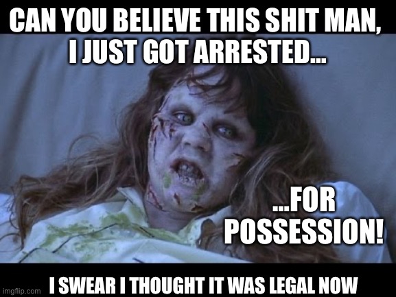 the Exorcist | CAN YOU BELIEVE THIS SHIT MAN, 
I JUST GOT ARRESTED…; …FOR POSSESSION! I SWEAR I THOUGHT IT WAS LEGAL NOW | image tagged in the exorcist | made w/ Imgflip meme maker
