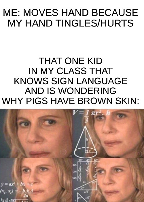 ? | THAT ONE KID IN MY CLASS THAT KNOWS SIGN LANGUAGE AND IS WONDERING WHY PIGS HAVE BROWN SKIN:; ME: MOVES HAND BECAUSE MY HAND TINGLES/HURTS | image tagged in blank white template,math lady/confused lady,confused,brain | made w/ Imgflip meme maker