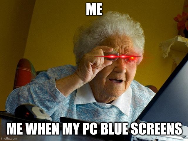 Grandma Finds The Internet Meme | ME; ME WHEN MY PC BLUE SCREENS | image tagged in memes,grandma finds the internet | made w/ Imgflip meme maker