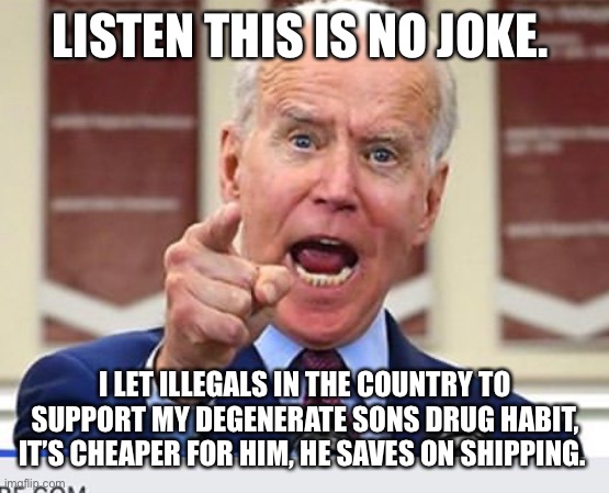 Joe Biden no malarkey | LISTEN THIS IS NO JOKE. I LET ILLEGALS IN THE COUNTRY TO SUPPORT MY DEGENERATE SONS DRUG HABIT, IT’S CHEAPER FOR HIM, HE SAVES ON SHIPPING. | image tagged in joe biden no malarkey | made w/ Imgflip meme maker