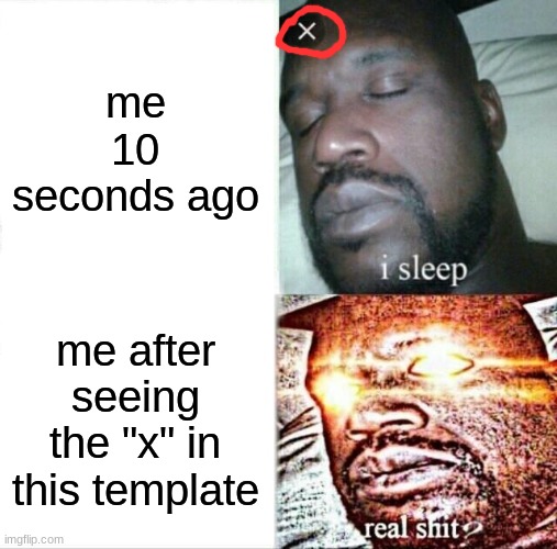 OCD is on fire | me 10 seconds ago; me after seeing the "x" in this template | image tagged in memes,sleeping shaq | made w/ Imgflip meme maker