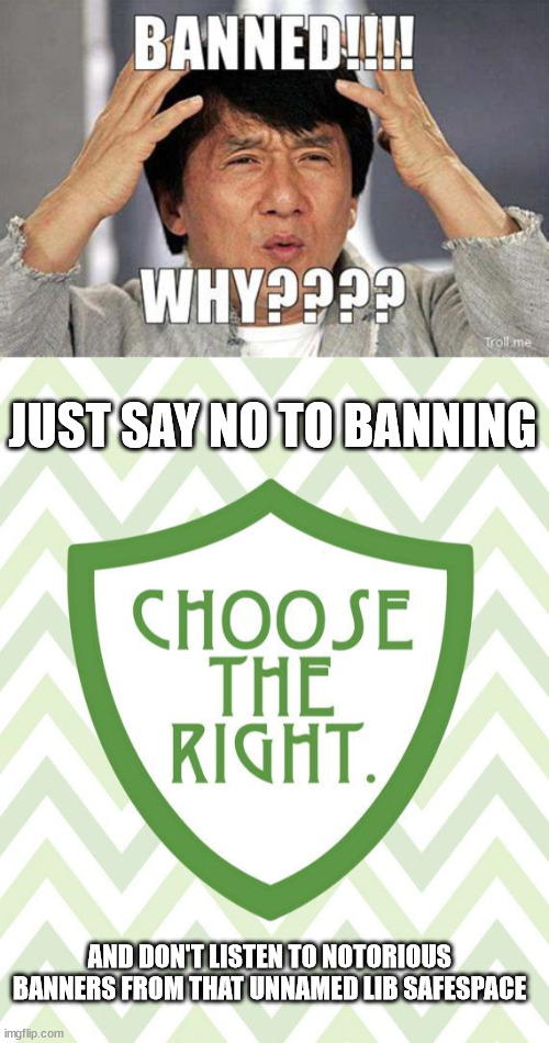 If they permentantly banned you in another stream they will do it again here... | JUST SAY NO TO BANNING; AND DON'T LISTEN TO NOTORIOUS BANNERS FROM THAT UNNAMED LIB SAFESPACE | image tagged in censorship | made w/ Imgflip meme maker