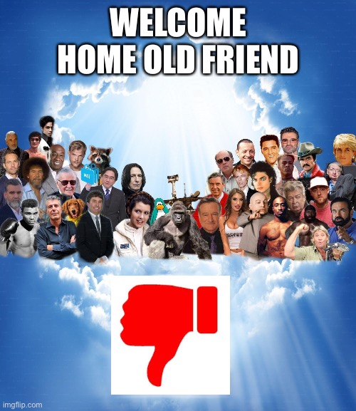 bring them back youtube |  WELCOME HOME OLD FRIEND | image tagged in meme heaven,dislike,youtube,dislike button | made w/ Imgflip meme maker