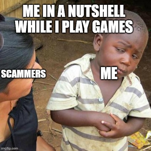 Third World Skeptical Kid | ME IN A NUTSHELL WHILE I PLAY GAMES; ME; SCAMMERS | image tagged in memes,third world skeptical kid | made w/ Imgflip meme maker