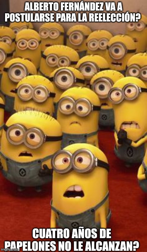 minions confused | ALBERTO FERNÁNDEZ VA A POSTULARSE PARA LA REELECCIÓN? CUATRO AÑOS DE PAPELONES NO LE ALCANZAN? | image tagged in minions confused | made w/ Imgflip meme maker