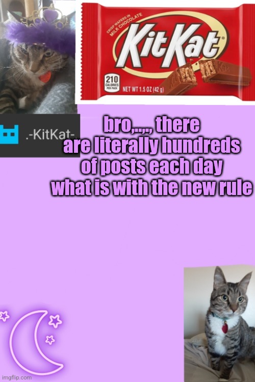 Kittys announcement template kitkat addition | bro,..,., there are literally hundreds of posts each day what is with the new rule | image tagged in kittys announcement template kitkat addition | made w/ Imgflip meme maker