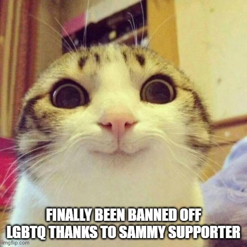 I win either way (I alerted popular lgbtq users about sammy lmfao) | FINALLY BEEN BANNED OFF LGBTQ THANKS TO SAMMY SUPPORTER | image tagged in memes,smiling cat | made w/ Imgflip meme maker