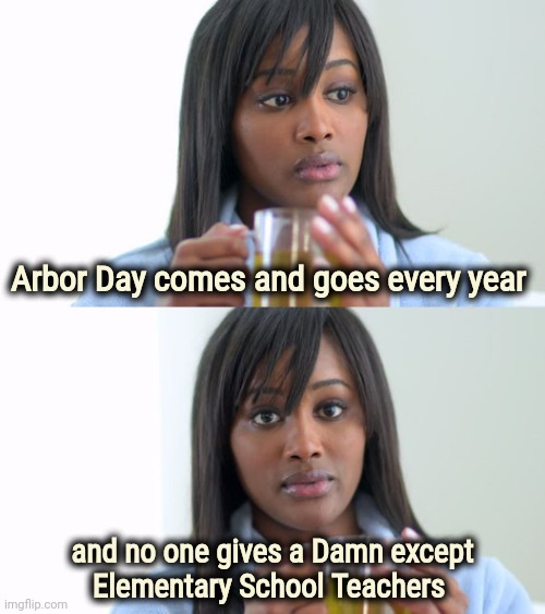 I need another day off | Arbor Day comes and goes every year; and no one gives a Damn except
Elementary School Teachers | image tagged in black woman drinking tea 2 panels,holiday,well yes but actually no,happy little trees,flowers,see nobody cares | made w/ Imgflip meme maker