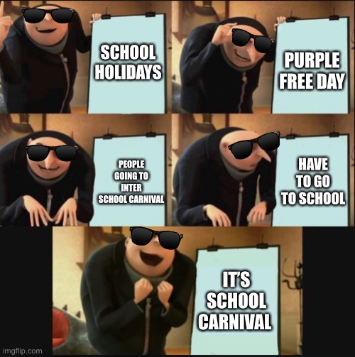 5 panel gru meme | SCHOOL HOLIDAYS; PURPLE FREE DAY; HAVE TO GO TO SCHOOL; PEOPLE GOING TO INTER SCHOOL CARNIVAL; IT’S SCHOOL CARNIVAL | image tagged in 5 panel gru meme | made w/ Imgflip meme maker
